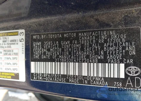 2007 Toyota Corolla Le z USA, uszkodzony, nr VIN 2T1BR32E47C720488